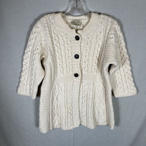 VTG Kilronan Knitwear Merino Wool Cable Knit Cardigan Sweater Beige Irish Small - Picture 4 of 8